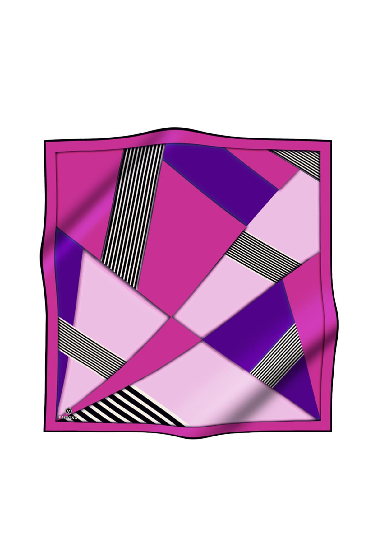 %100 Twill İpek Çizgili ve Geometrik Desenli Fuşya - Mor Renkli 90x90 Eşarp Dikim Şekli : El Dikişi