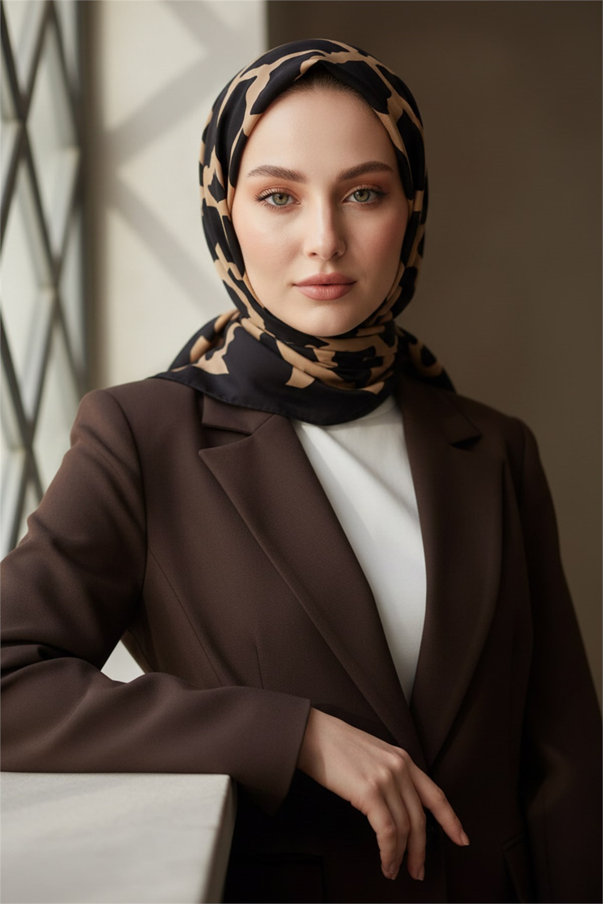 KREP TAŞ DESENLİ SİYAH - VİZON RENKLİ 75X195 KIRIŞMAZ ŞAL