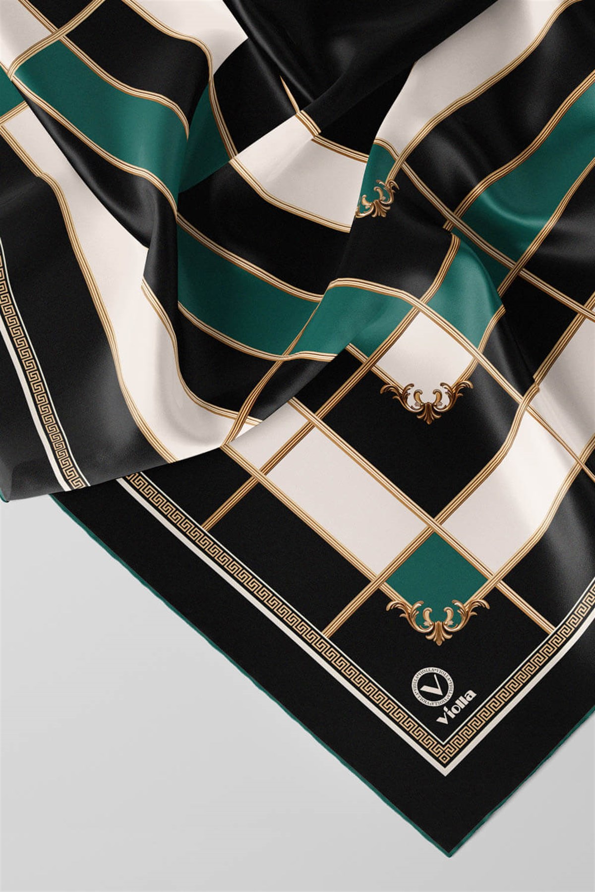 Twill Gold Detaylı Kareli Desenli Petrol Yeşili Renkli 90x90 Eşarp (İpek İçermez) Kenar Dikiş Şekli El Dikişli