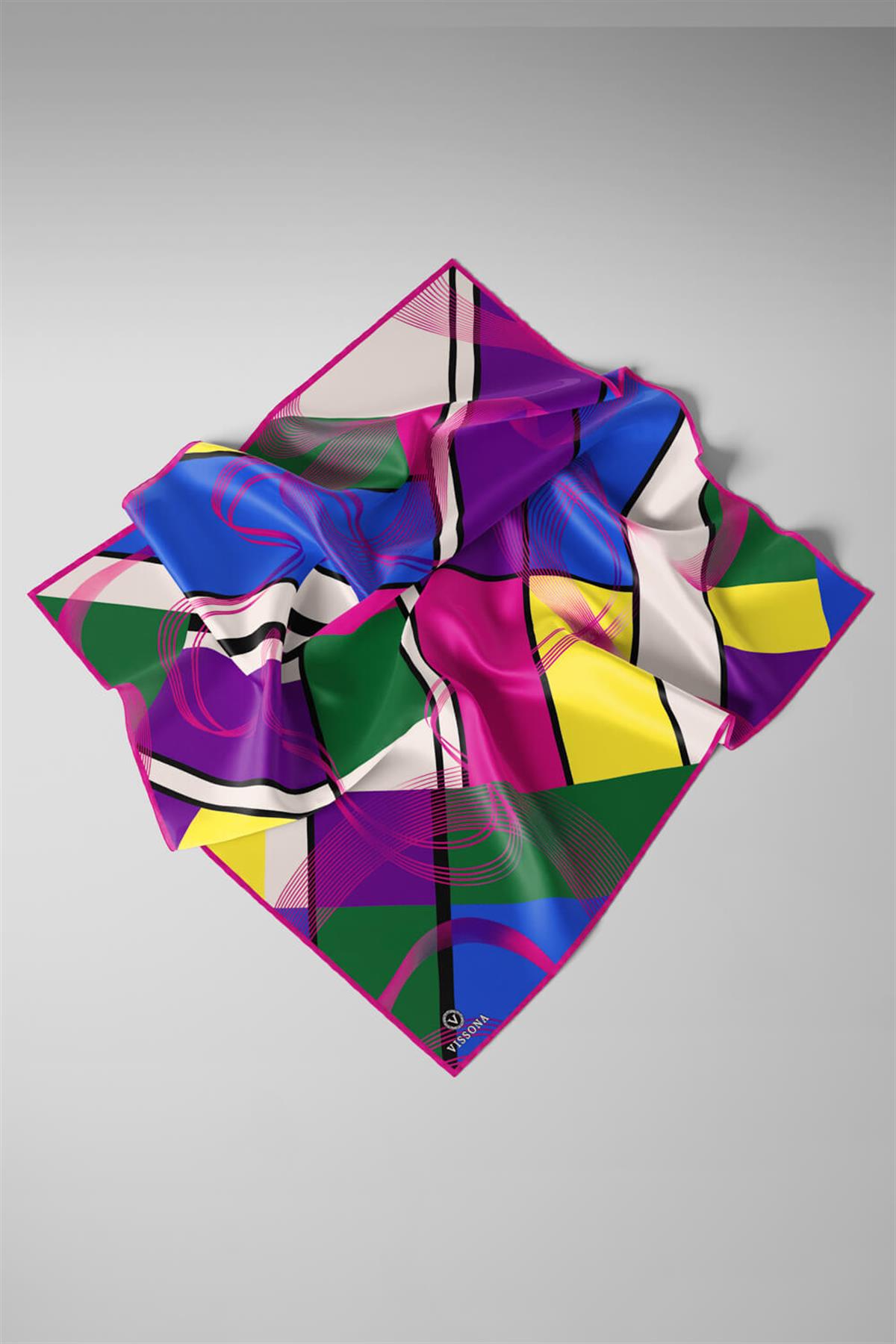 %100 Twill İpek Geometrik Desenli Zümrüt Yeşili - Mürdüm Renkli 90x90 Eşarp Dikim Şekli : El Dikişi