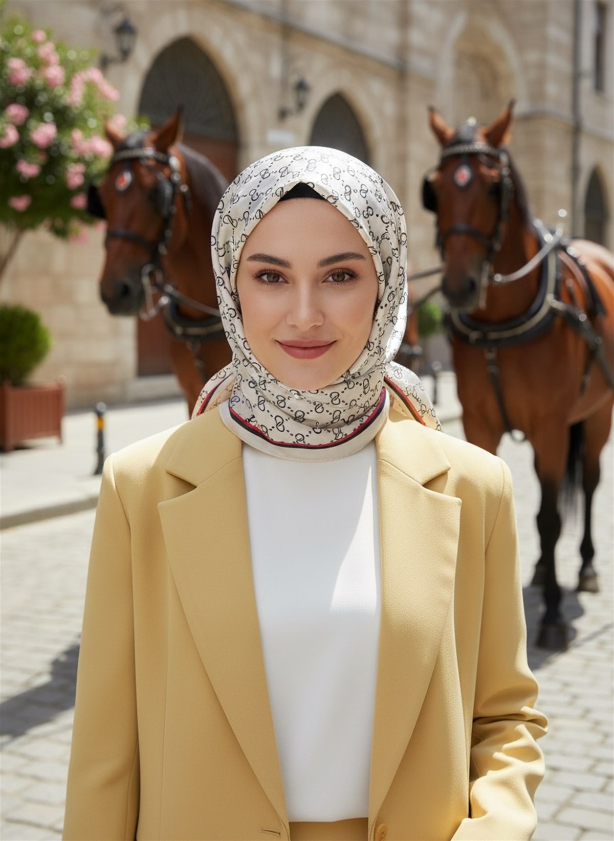 %100 İpek Minik Motif Desenli Krem Renkli 92x210 Şal