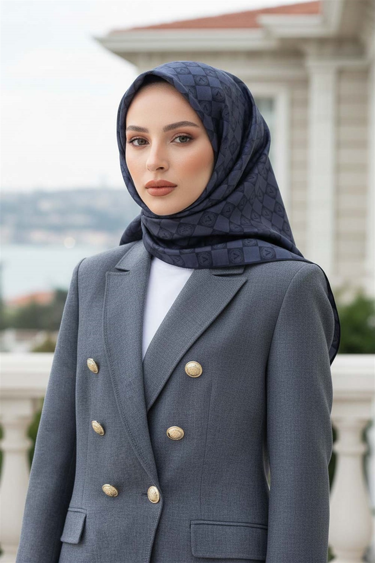 %100 Twill İpek Monogram Desenli Füme Renkli 90x90 Eşarp Dikim Şekli : El Dikişi