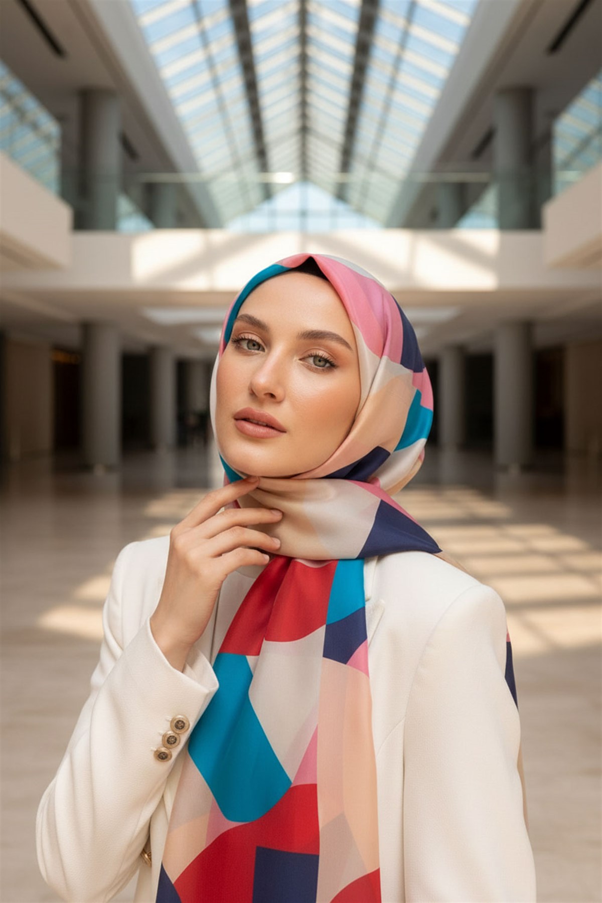 %100 Saf İpek Şal İnce Saten Vual Dokuma Geometrik Desenli 90x210 Şal