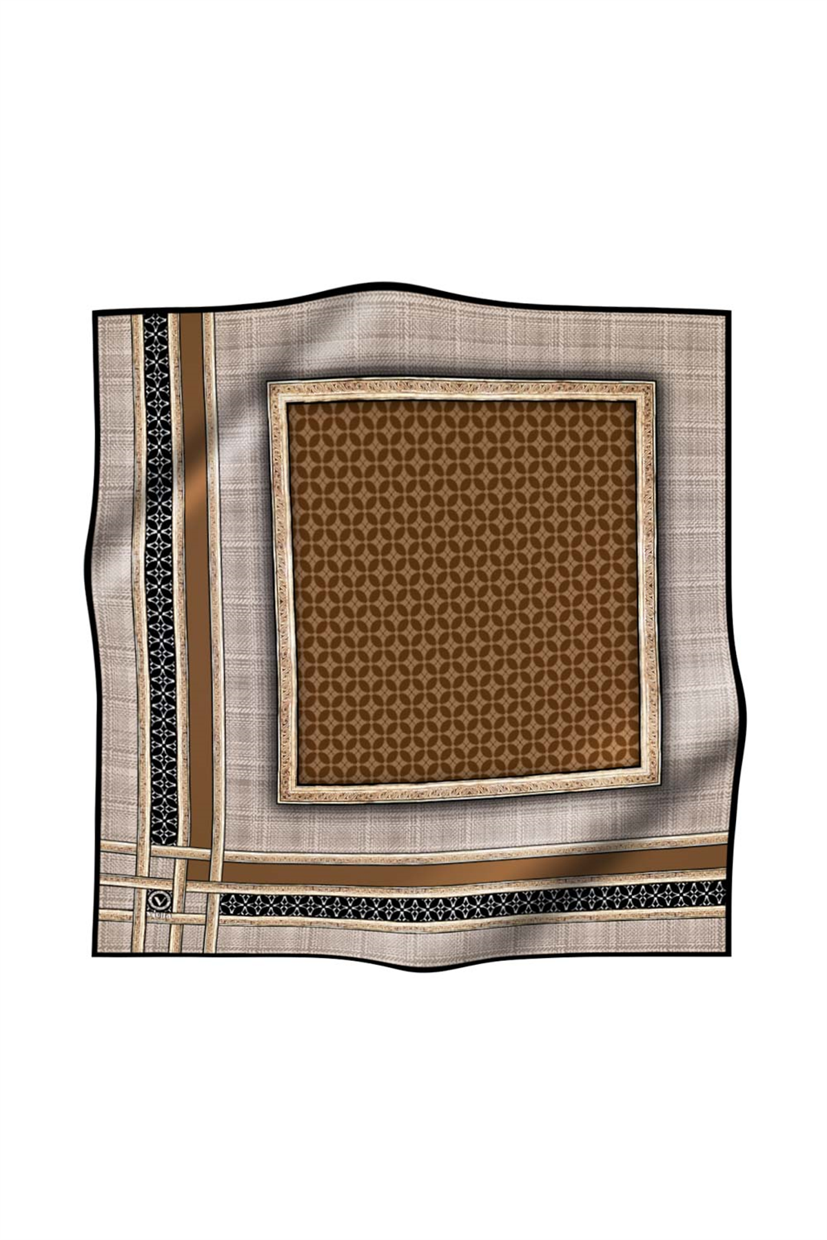 Twill Gold Bordürlü Geometrik Desenli Hardal Renkli 90x90 Eşarp (İpek İçermez) Kenar Dikiş Şekli El Dikişli