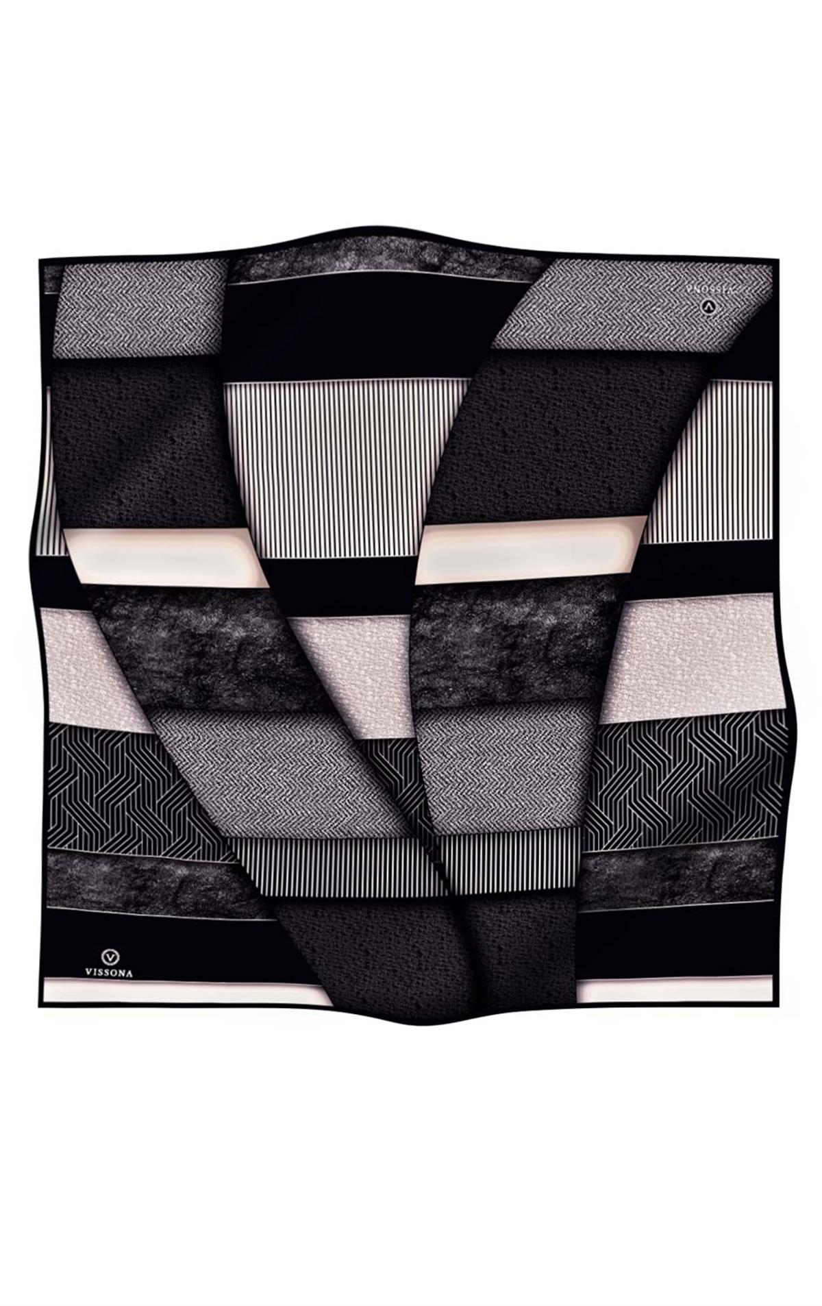%100 Twill İpek Dokulu ve Geometrik Desenli Siyah - Kremi Renkli 90x90 Eşarp Dikim Şekli : El Dikişi