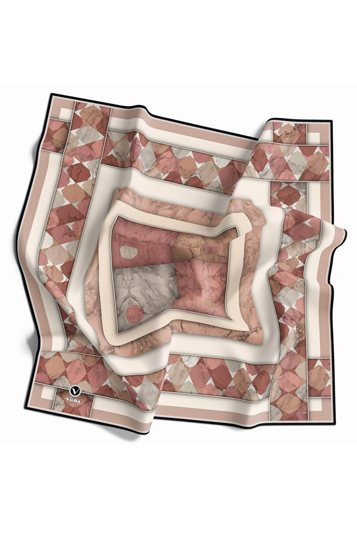 Twill Geometrik Mermer Desenli Somon Renkli 90x90 Eşarp (İpek İçermez) Kenar Dikiş Şekli El Dikişli