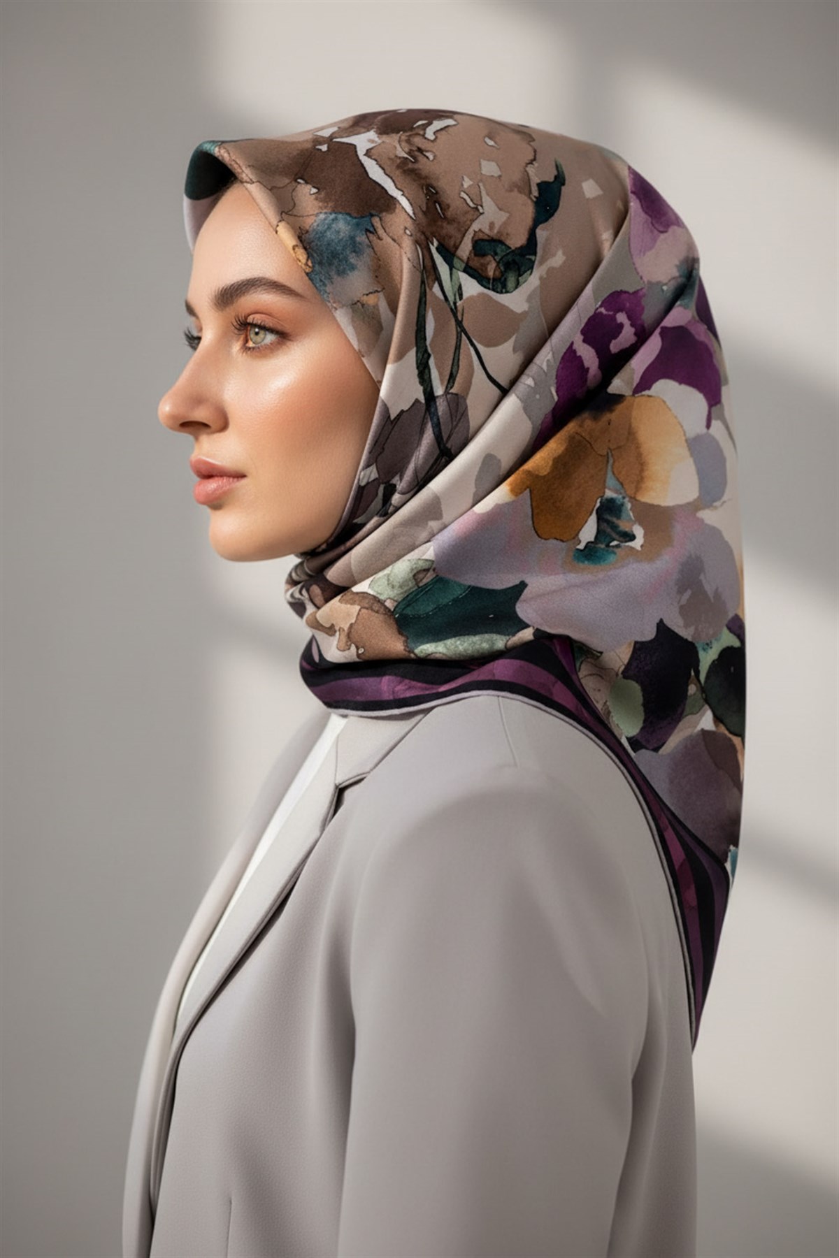 %100 Twill İpek Sulu Boyalı Çiçek Desenli Mor - Vizon Renkli 90x90 Eşarp Dikim Şekli : El Dikişi