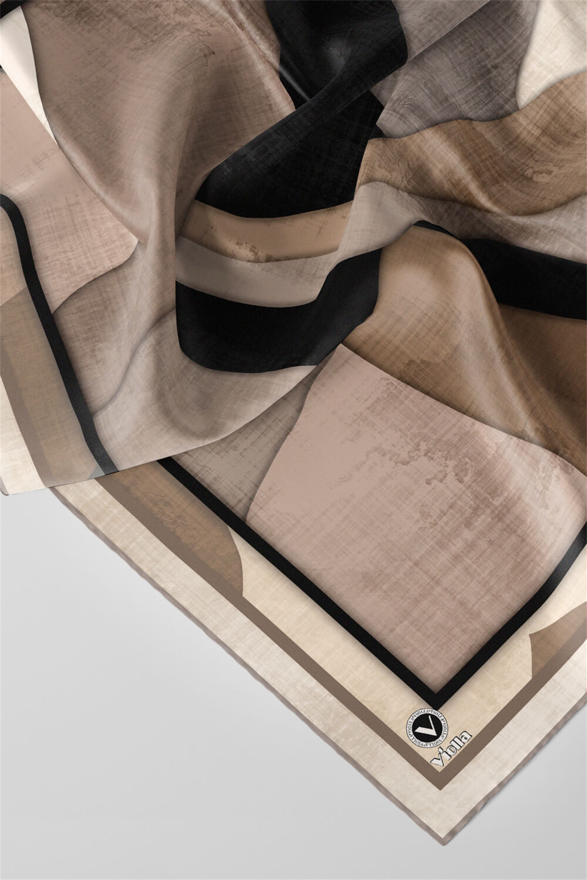 Twill Geometrik Desenli Taş Renkli 90x90 Eşarp (İpek İçermez) Kenar Dikiş Şekli El Dikişli