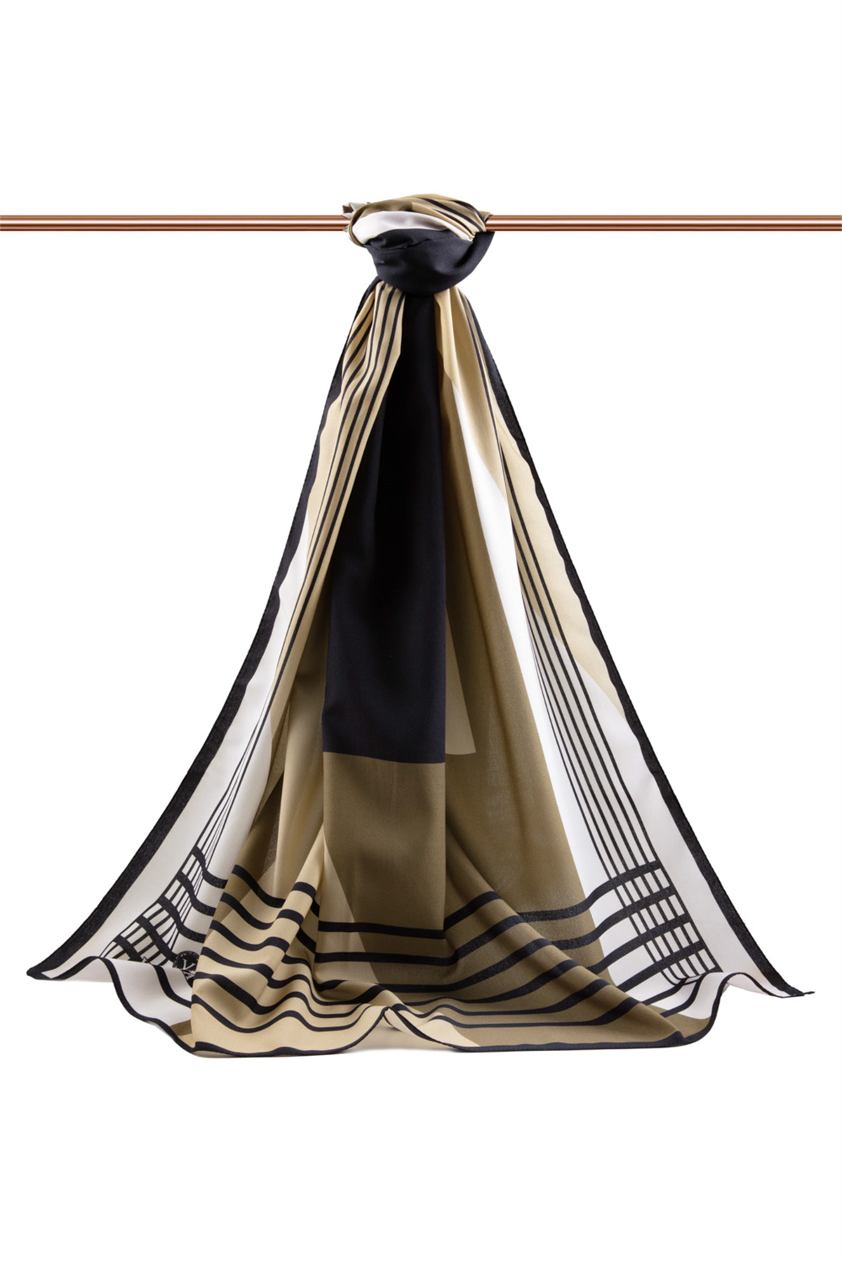 LÜKS MEDİNE İPEĞİ GEOMETRİK DESENLİ BEJ RENKLİ 75X195 KIRIŞMAZ ŞAL MOSS KREP DİKİŞ TİPİ İTALYAN DİKİŞLİ