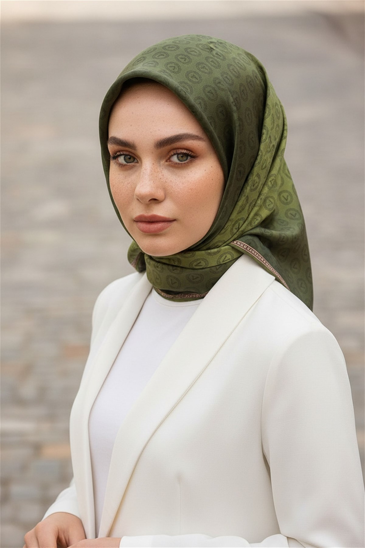% 57 İPEK % 43 VİSKON Twill İpek Monogram Desenli Haki  Renkli 90x90 Eşarp Dikim Şekli : El Dikişi