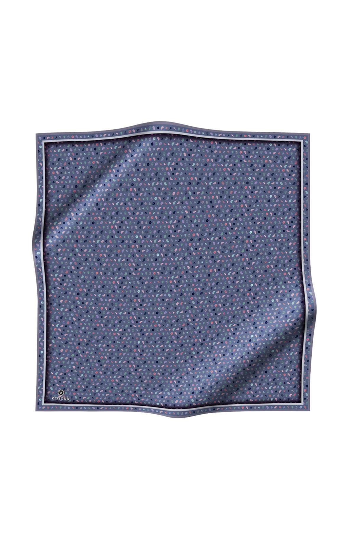 %100 Twill İpek Çıtır Desenli İndigo Renkli 90x90 Eşarp Dikim Şekli : El Dikişi
