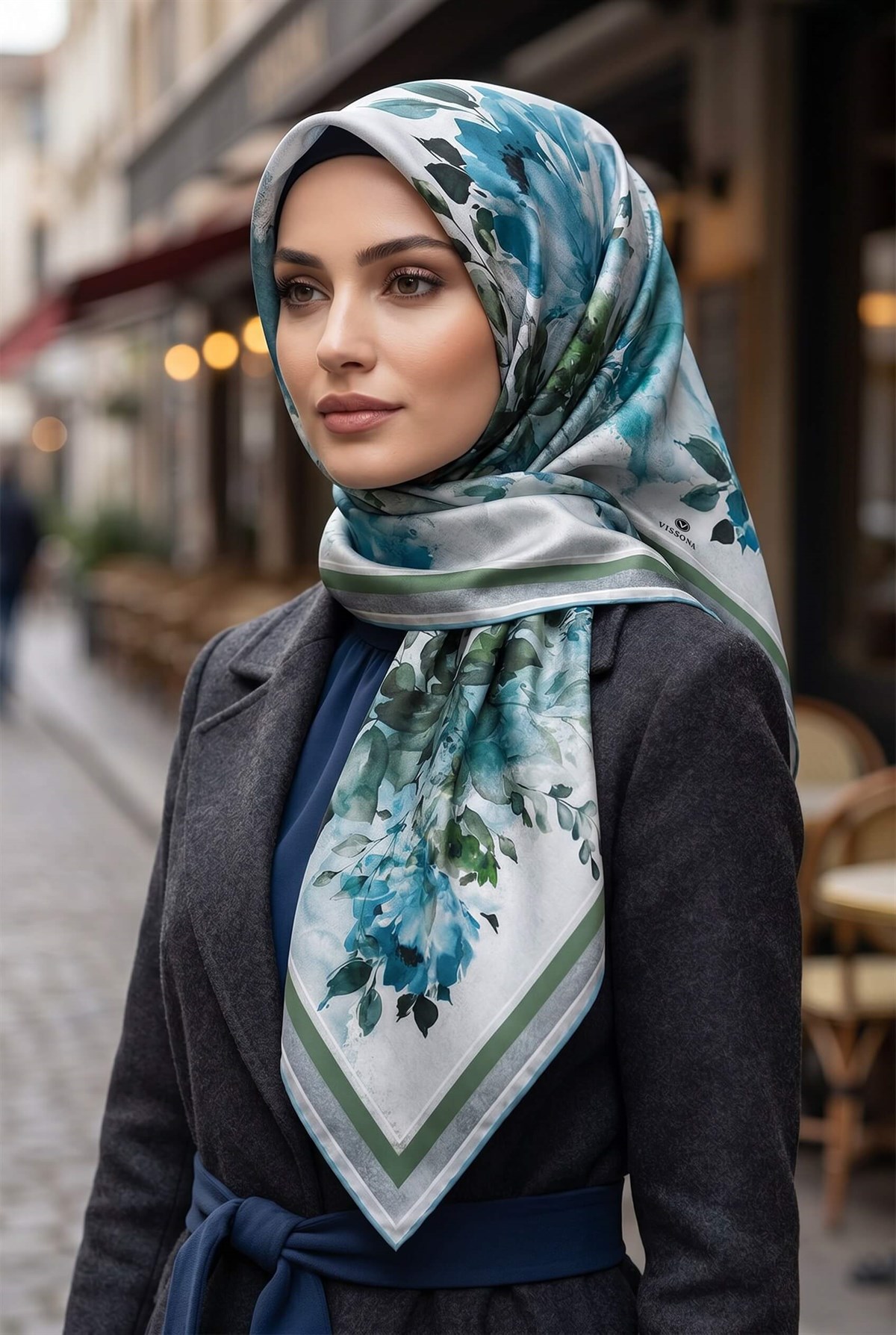 %100 Twill İpek Bahar Çiçekleri Desenli Petrol Yeşili - Haki Renkli 90x90 Eşarp Dikim Şekli : El Dikişi