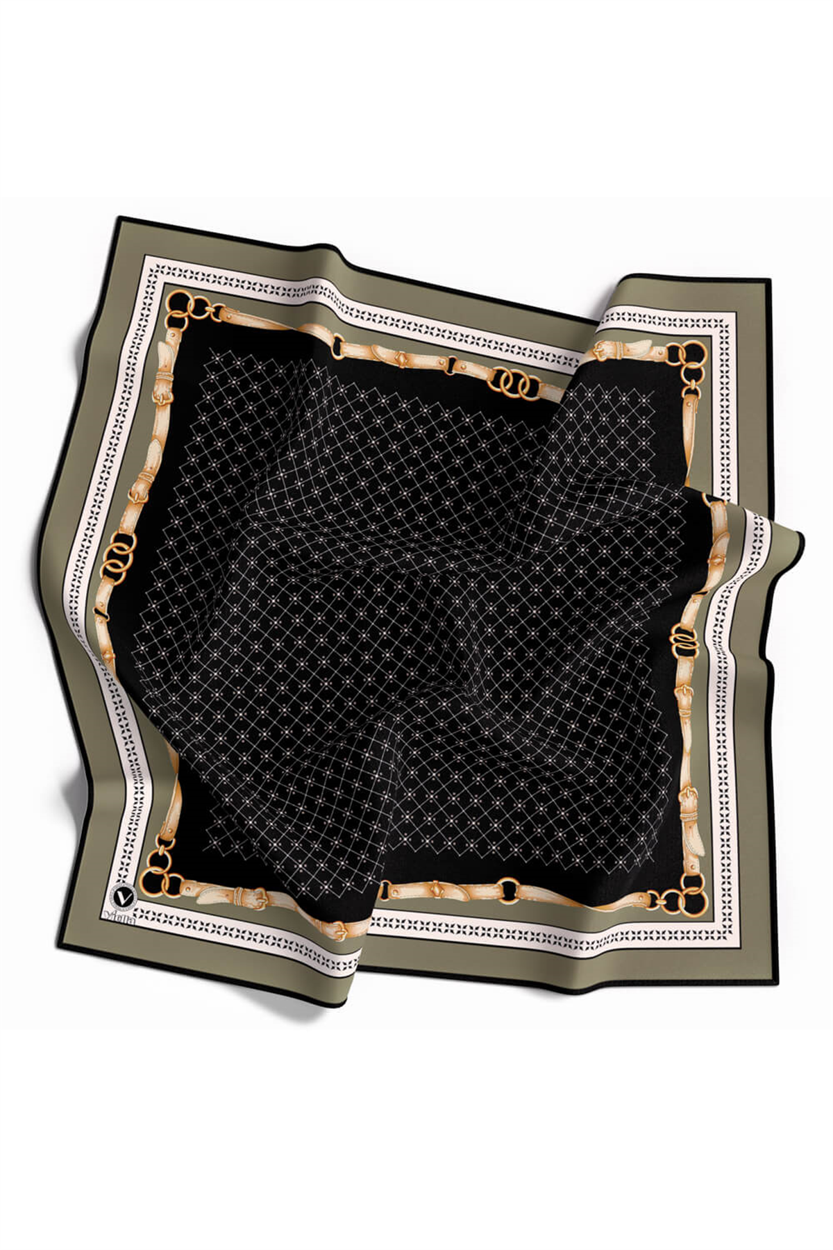 Twill Kemerli ve Çıtır Motifli Desenli Haki Renkli 90x90 Eşarp (İpek İçermez) Dikim Şekli : El Dikişi