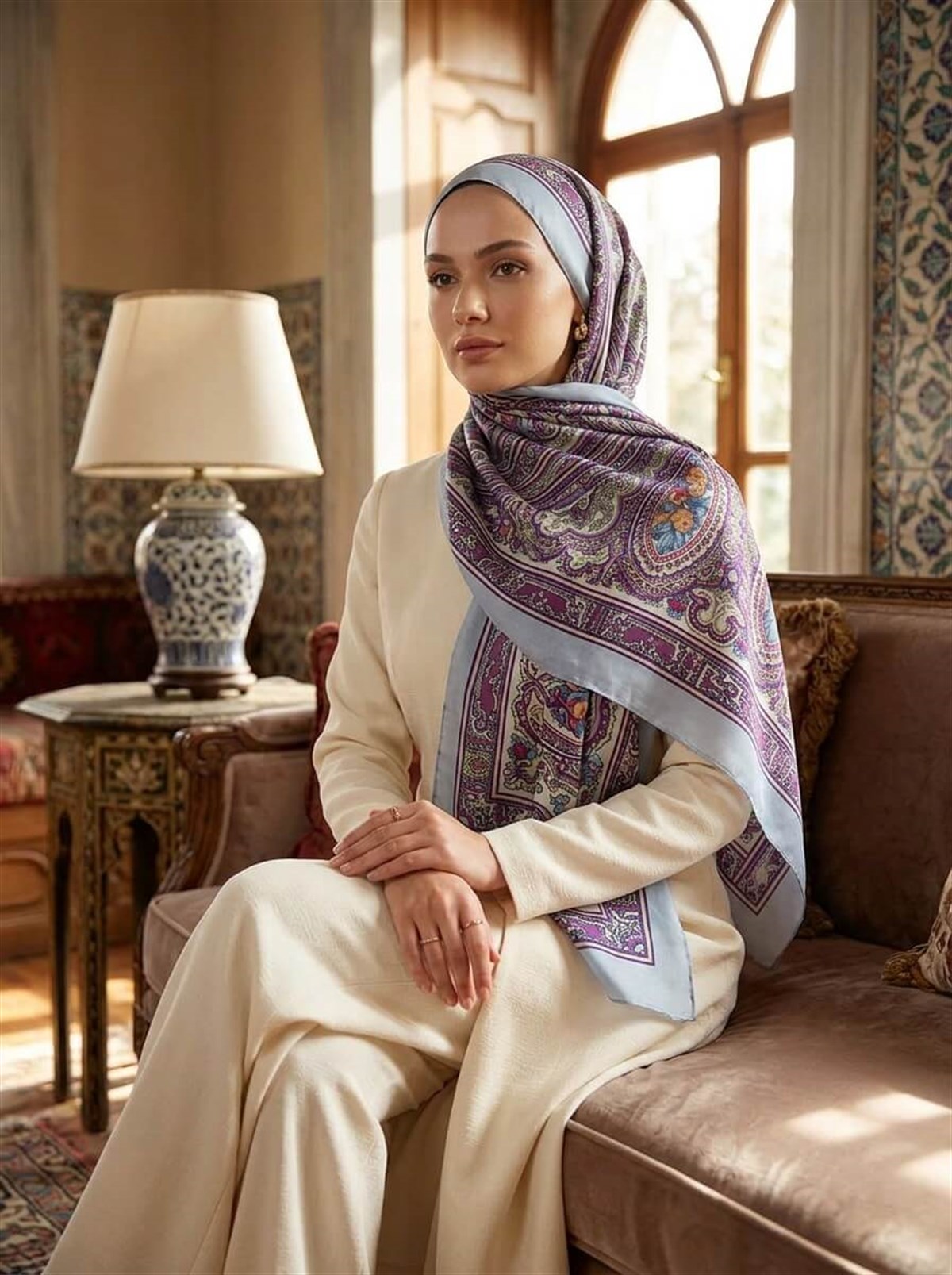 %100 İpek Etro Desenli Bebe Mavisi Renkli 92x210 Şal