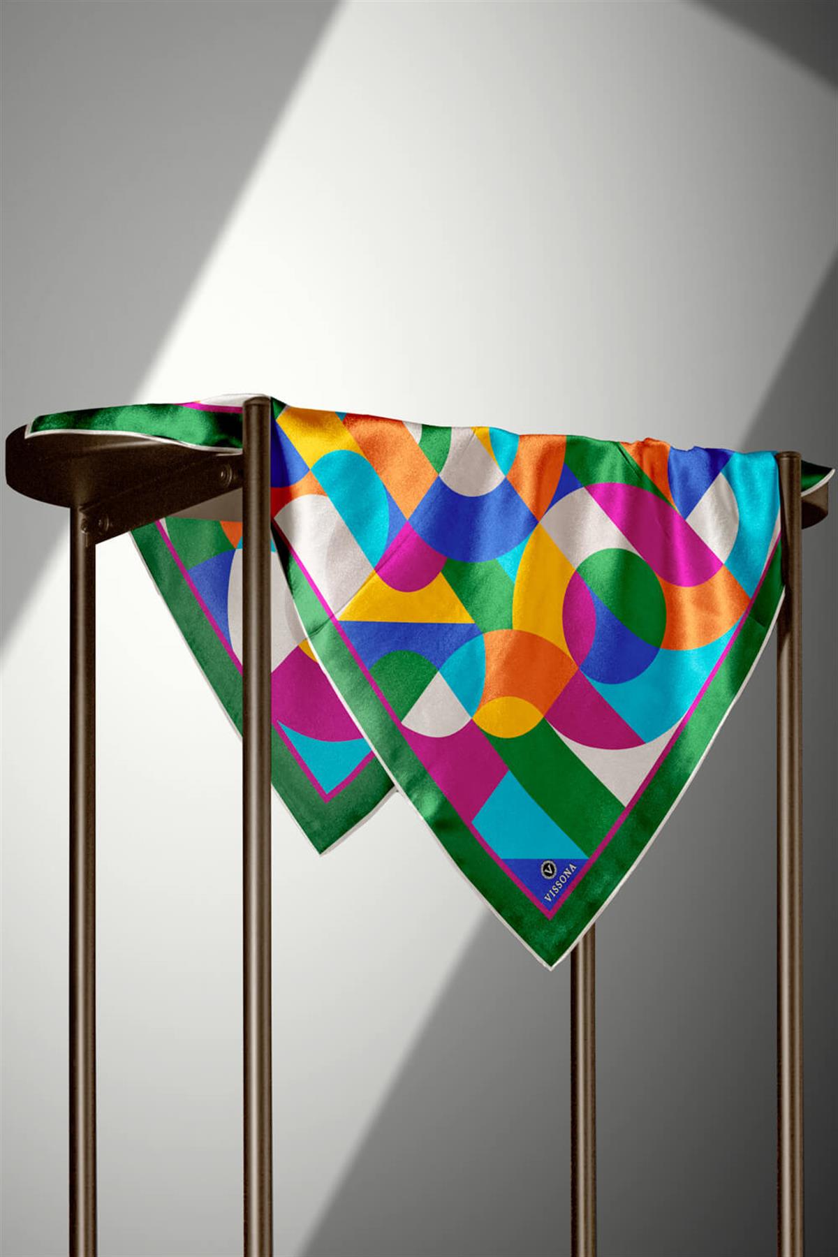 %100 Twill Renk Bloklu Çizgili Desenli Zümrüt Yeşili - Taba Renkli 90x90 Eşarp Dikim Şekli: El Dikişii