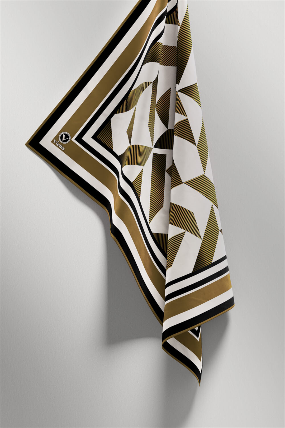 Twill Geometrik Desenli Hardal Renkli 90x90 Eşarp (İpek İçermez) Kenar Dikiş Şekli El Dikişli