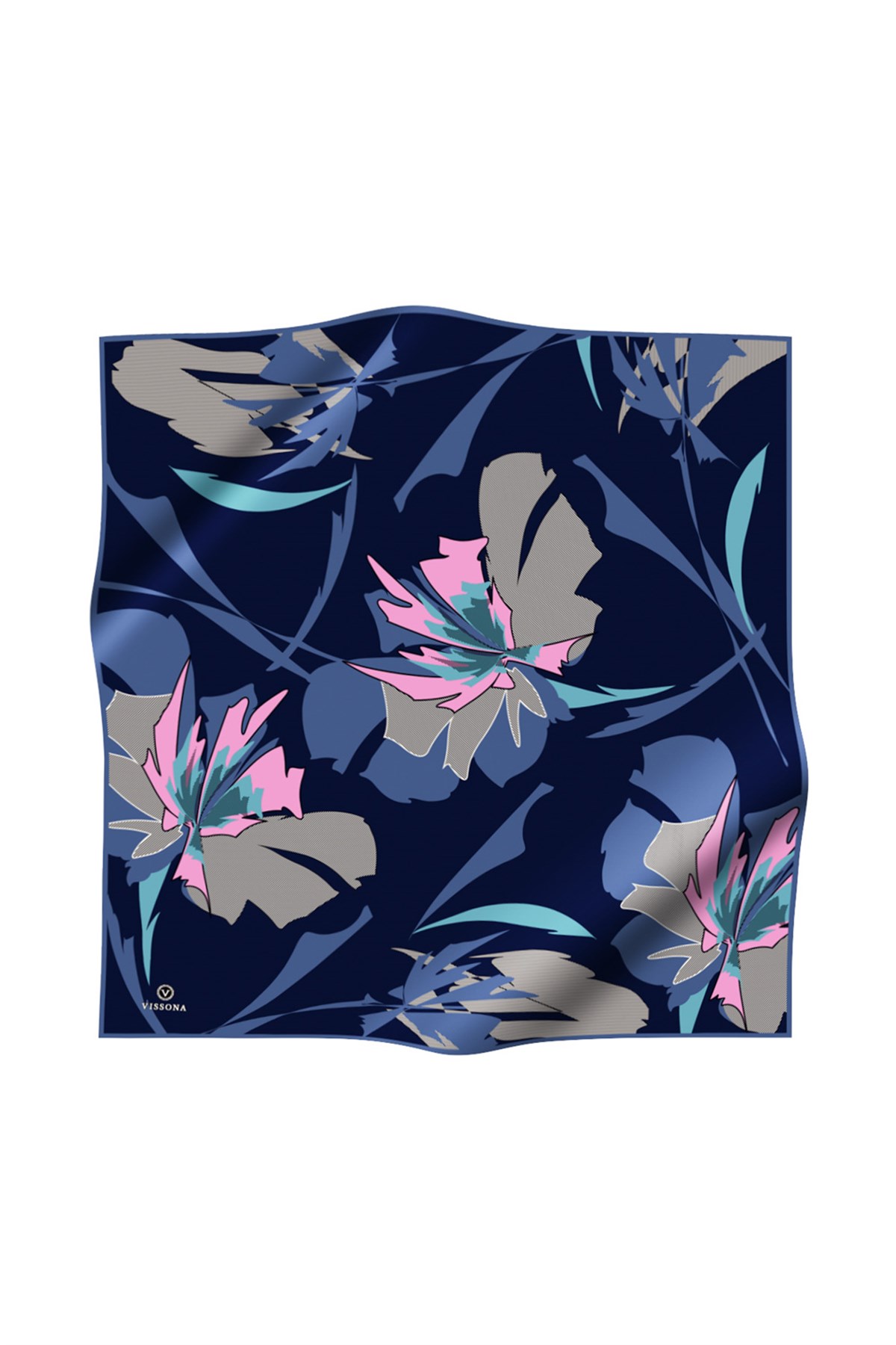 %100 Twill İpek Çiçek Desenli Lacivert - İndigo Renkli 90x90 Eşarp Dikim Şekli : El Dikişi
