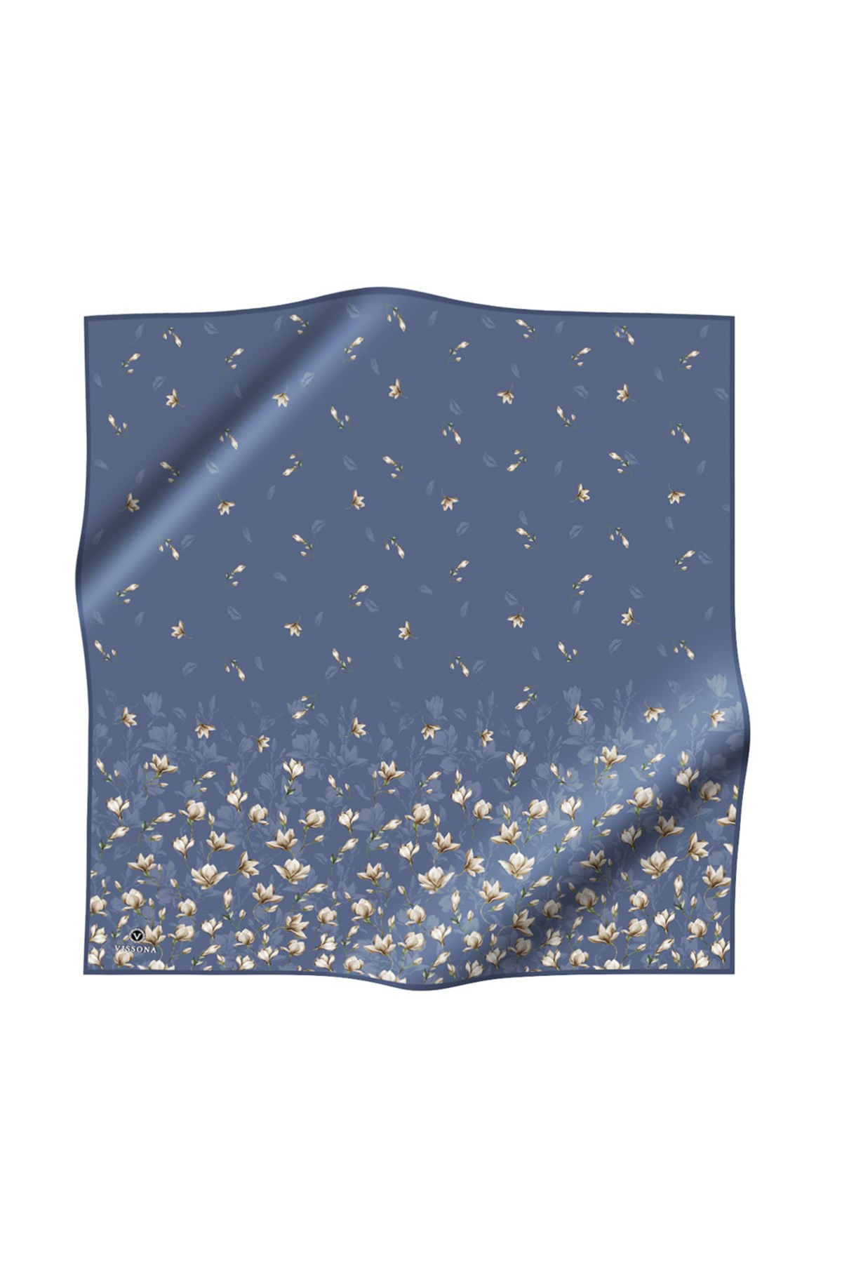 %100 Twill İpek Çiçek Desenli Bebe Mavisi Renkli 90x90 Eşarp Dikim Şekli : El Dikişi
