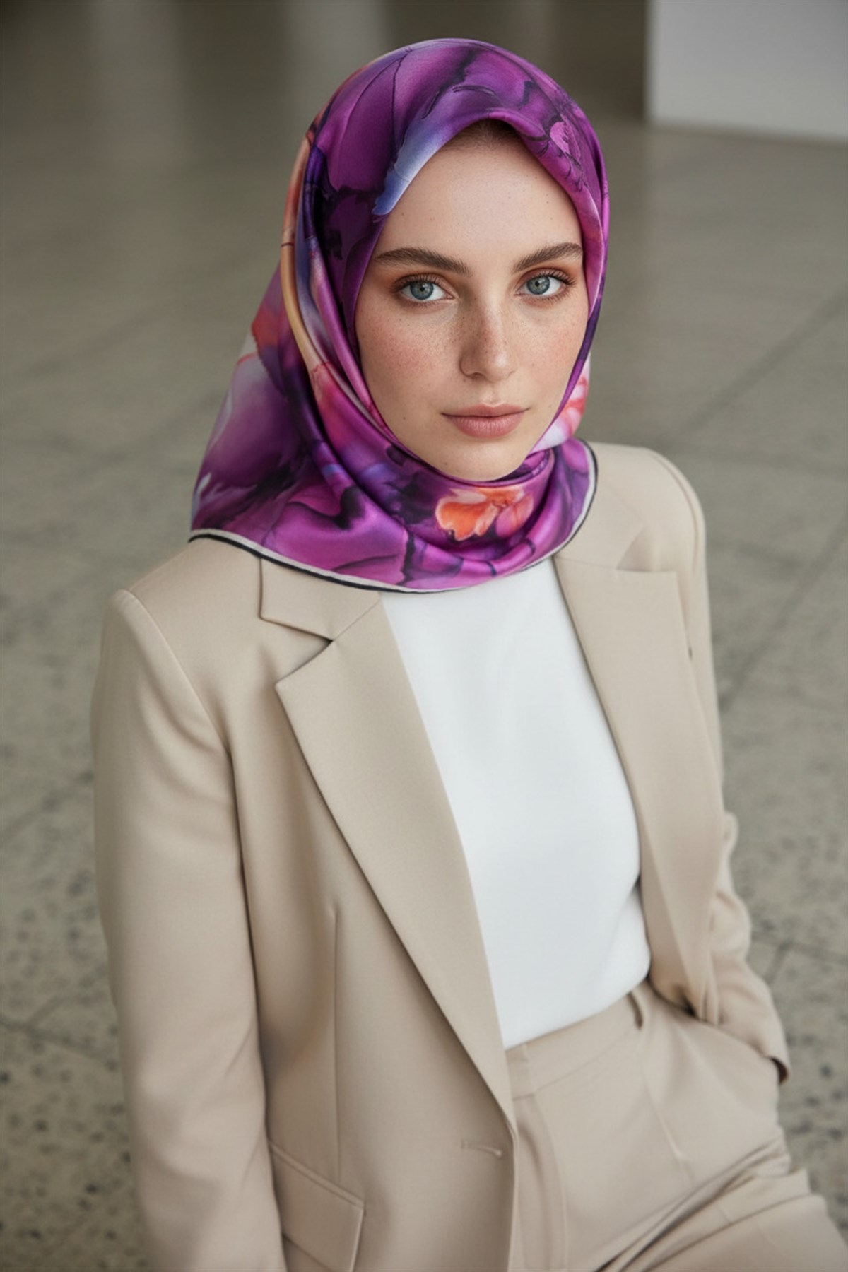 %100 Twill İpek Batik Çiçek Desenli Mürdüm - İndigol Renkli 90x90 Eşarp Kenar Dikiş Şekli El Dikişli