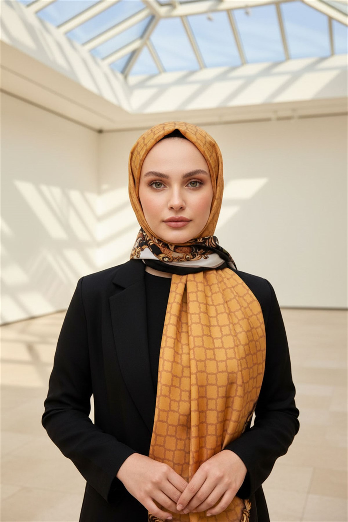 %100 Saf İpek Şal İnce Saten Vual Dokuma Dokuma Çiçek Desenli Siyah- Gold Renkli 90x210 Şal