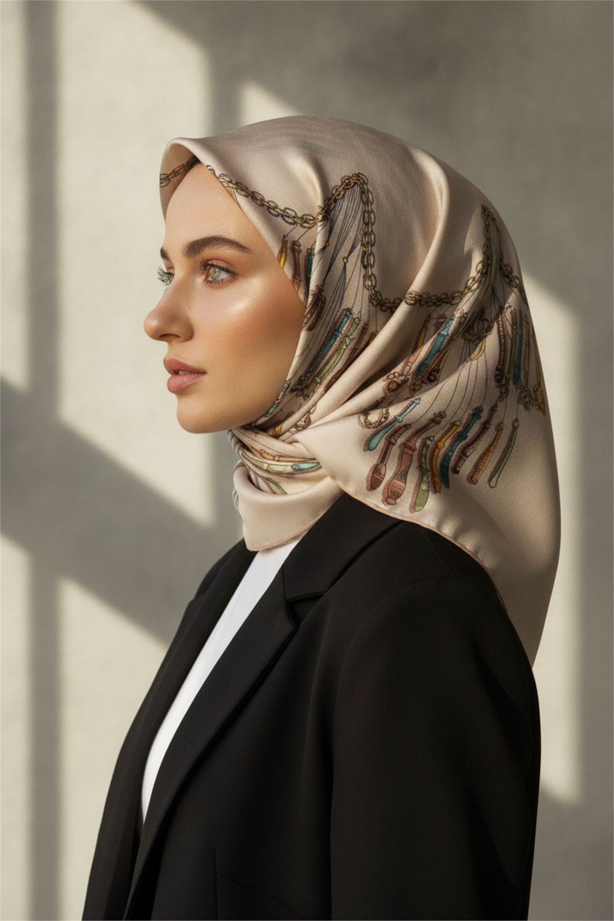 %100 Twill İpek Zincir Desenli Krem Renkli 90x90 Eşarp Dikim Şekli : El Dikişi