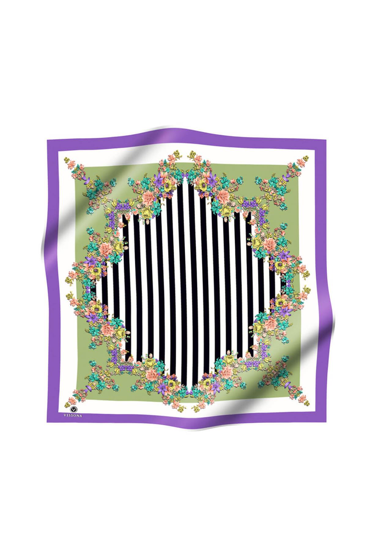 %100 Twill İpek Çıtır Çiçekli Ve Çizgi Desenli Mor - Haki Renkli 90x90 Eşarp Dikim Şekli : El Dikişi
