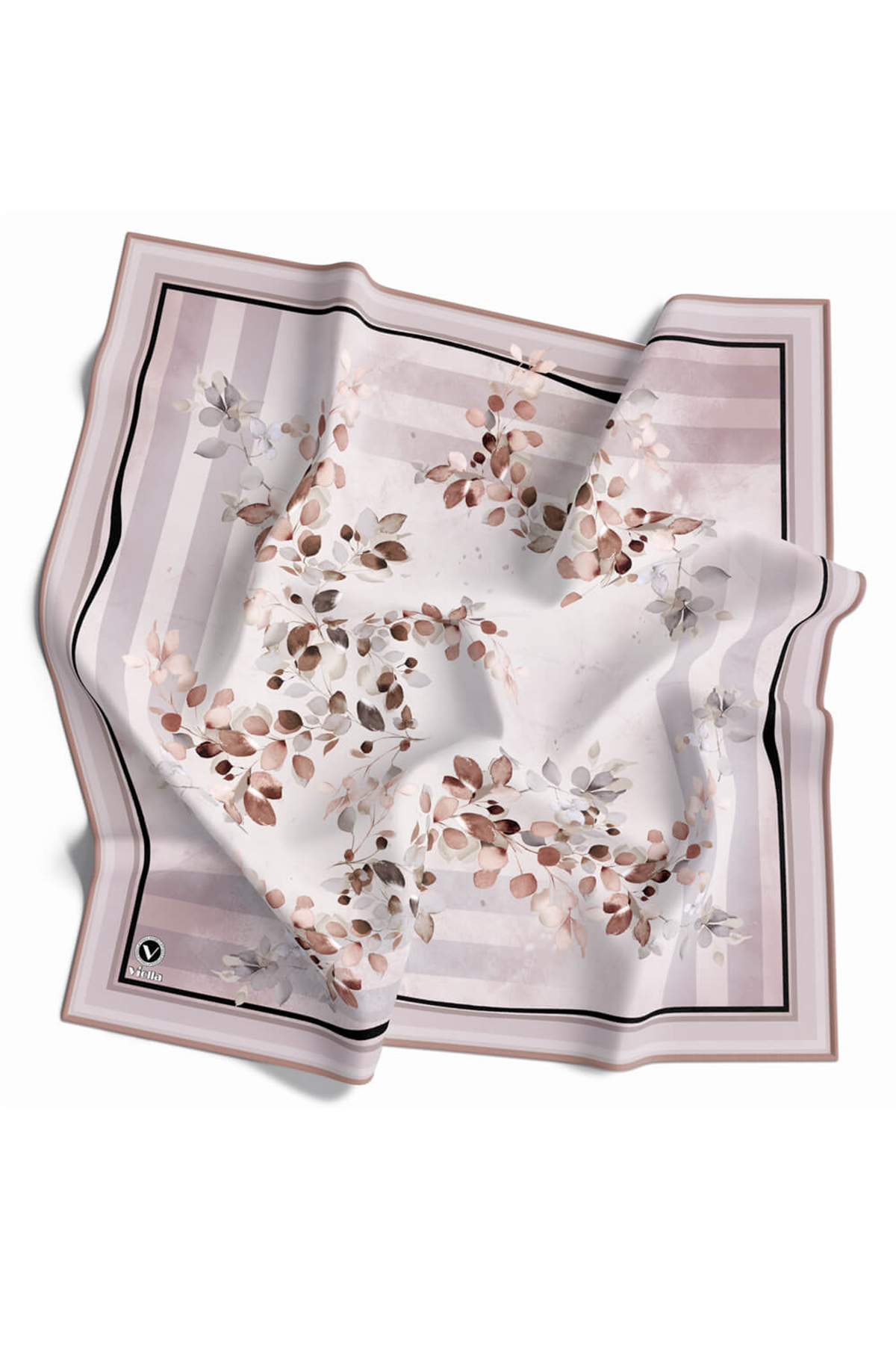 Twill Çiçek Desenli Bej Renkli 90x90 Eşarp (İpek İçermez) Kenar Dikiş Şekli El Dikişli