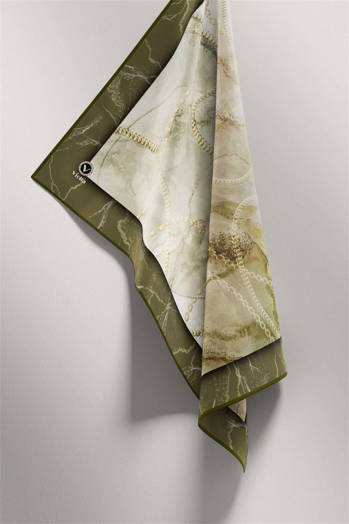 Twill Mermer ve Zincir Desenli Haki Renkli 90x90 Eşarp (İpek İçermez) Kenar Dikiş Şekli El Dikişli