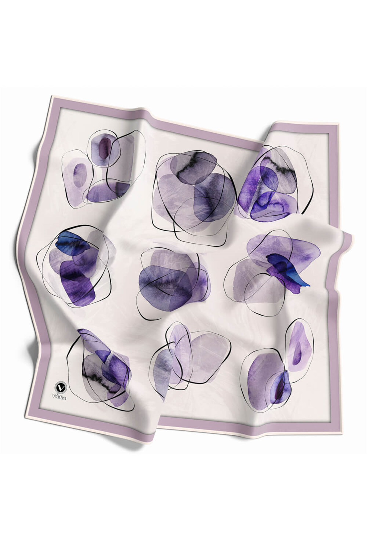 Twill Sulu Boya Geometrik Desenli Lila Renkli 90x90 Eşarp (İpek İçermez) Kenar Dikiş Şekli El Dikişli
