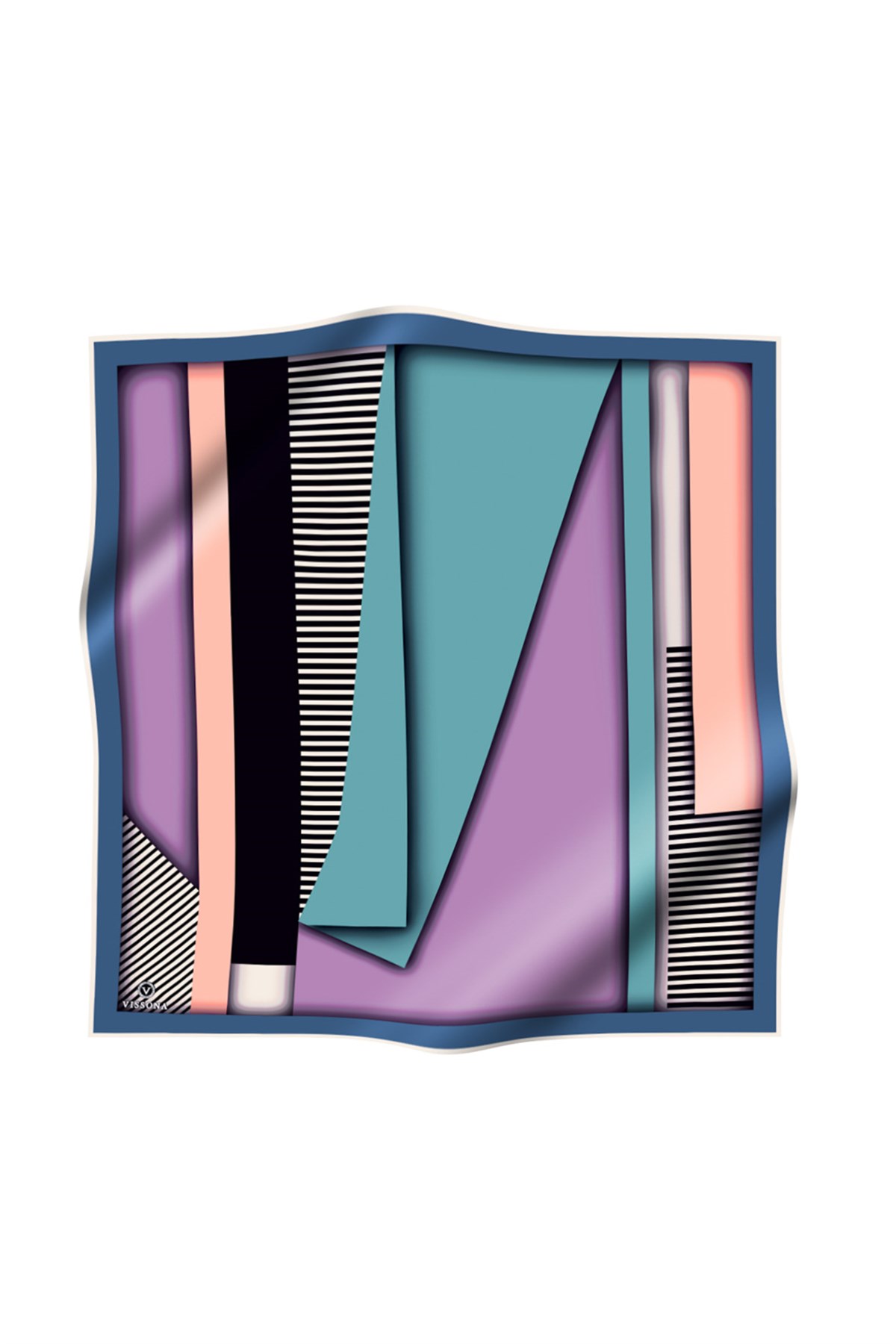 %100 Twill Renk Bloklu Çizgili Desenli Lila - İndigo Renkli 90x90 Eşarp Dikim Şekli: El Dikişii