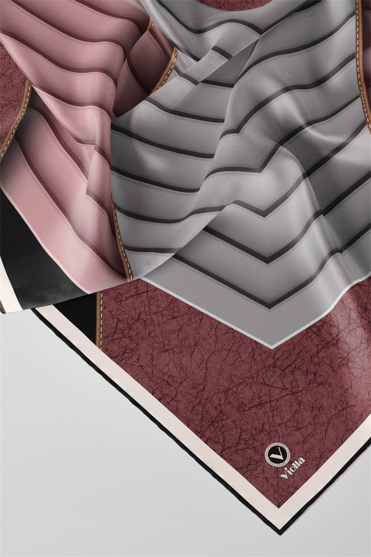Twill Zigzag Desenli Gül Kurusu Renkli 90x90 Eşarp (İpek İçermez) Kenar Dikiş Şekli El Dikişli