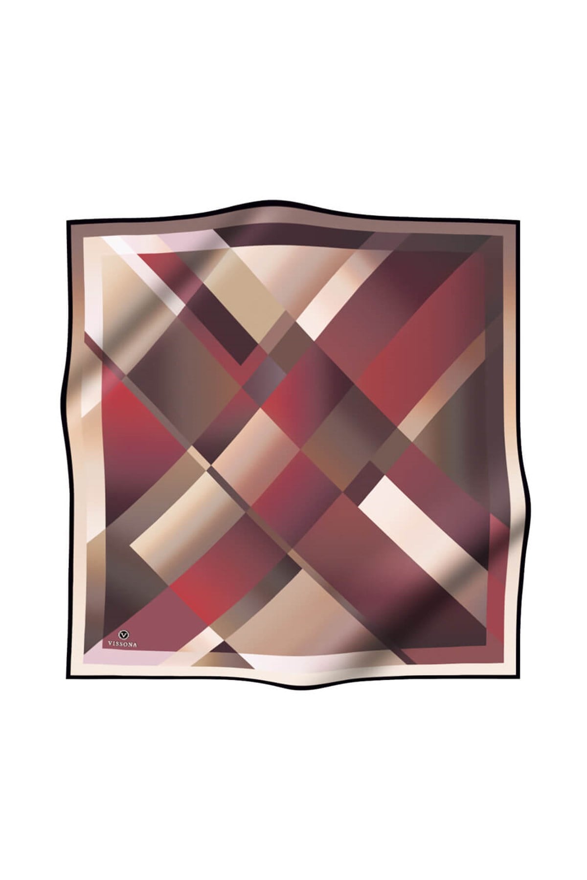 % 57 İPEK % 43 VİSKON Twill İpek Geometrik Desenli Bej - Bordo Renkli 90x90 Eşarp Dikim Şekli : El Dikişi