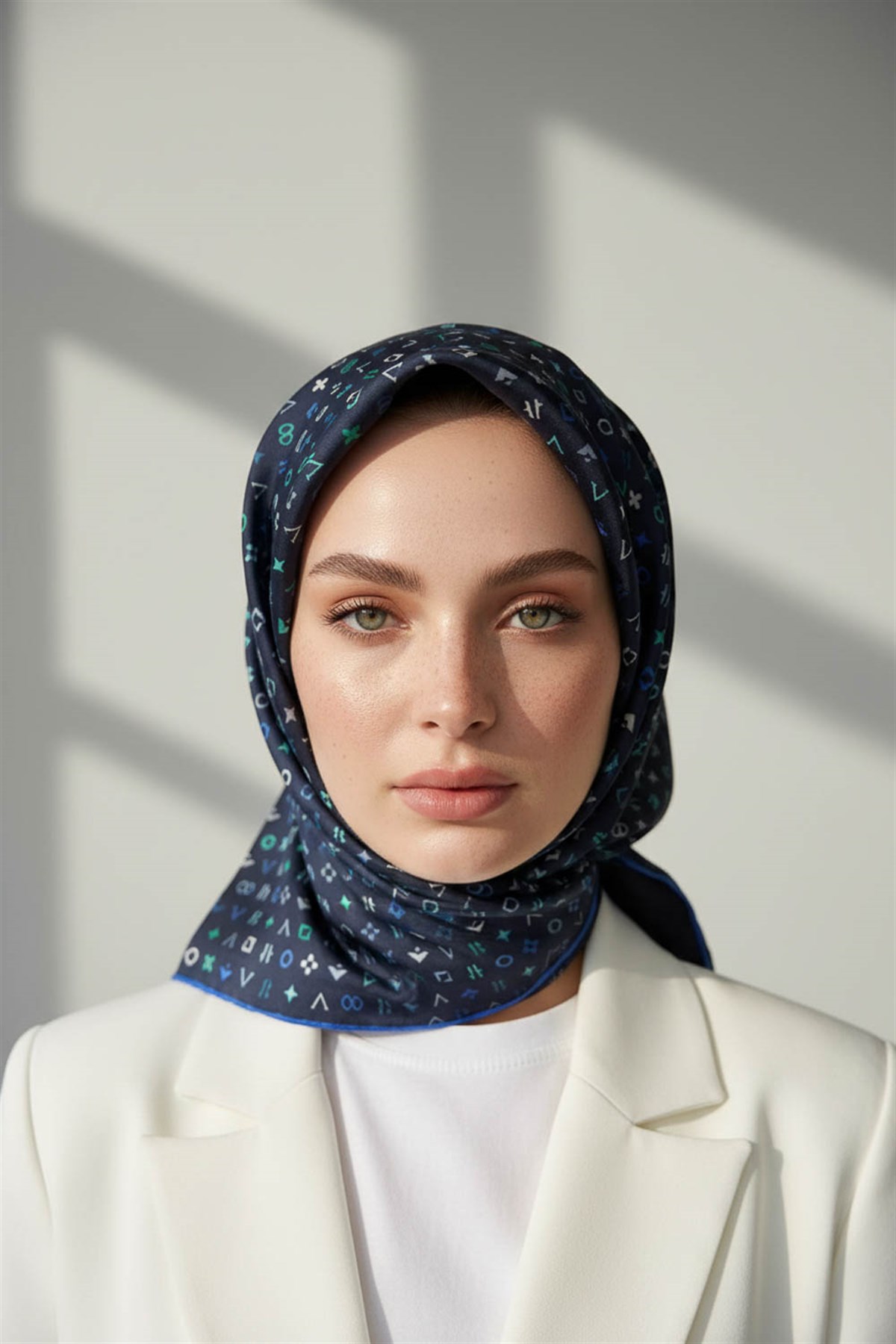 %100 Twill İpek Çıtır Motif Desenli Lacivert - İndigo Renkli 90x90 Eşarp Dikim Şekli : El Dikişi