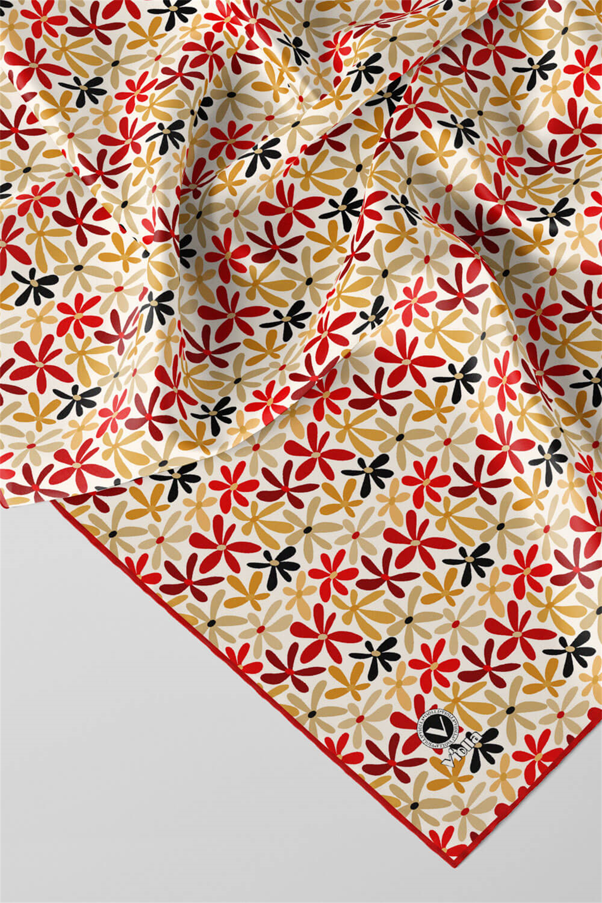 Twill Renkli Çiçek Desenli Bordo Renkli 90x90 Eşarp (İpek İçermez) Kenar Dikiş Şekli El Dikişli