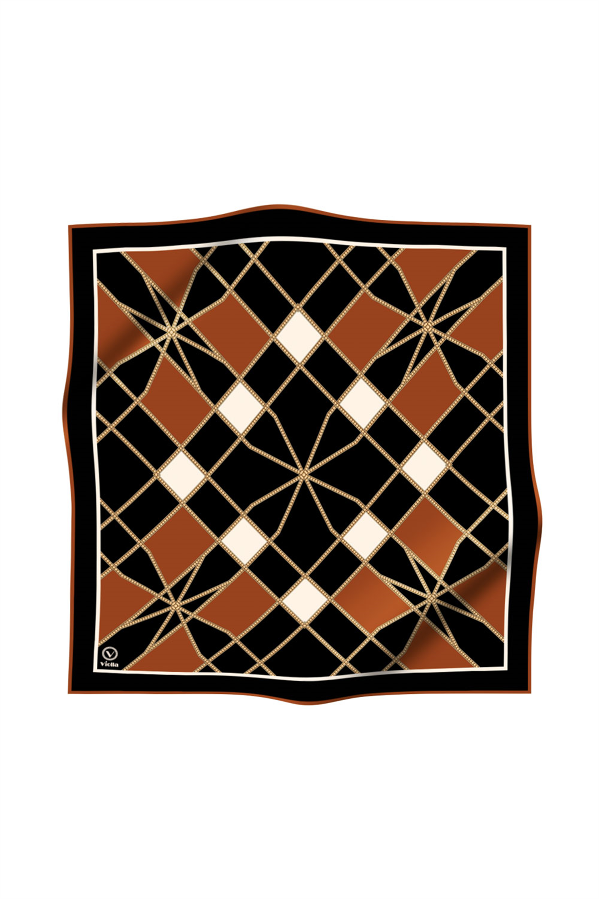 Twill Gold Detaylı Geometrik Çiçekli Desenli Taba Renkli 90x90 Eşarp (İpek İçermez) Kenar Dikiş Şekli El Dikişli