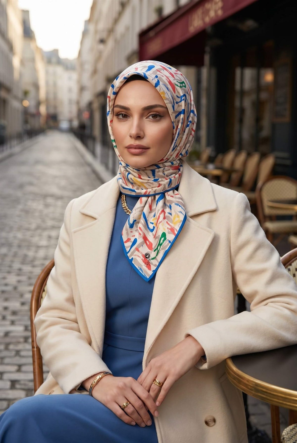 %100 Twill İpek Geometrik Desenli Nar Çiçeği - İndigo Renkli 90x90 Eşarp Dikim Şekli : El Dikişi