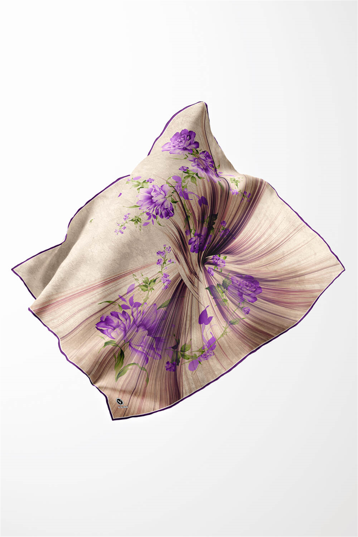 Twill Çiçekli Desenli Mor Renkli 90x90 Eşarp (İpek İçermez) Kenar Dikiş Şekli El Dikişli