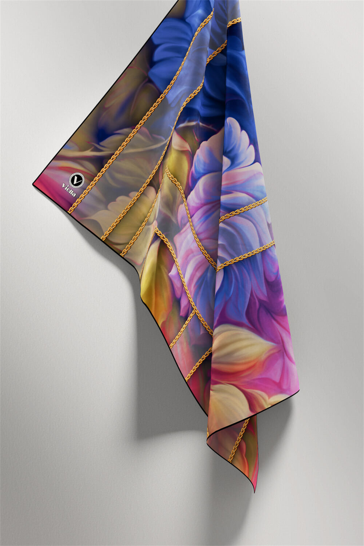 Twill Gül Desenli Saks - Pembe Renkli 90x90 Eşarp (İpek İçermez) Kenar Dikiş Şekli El Dikişli