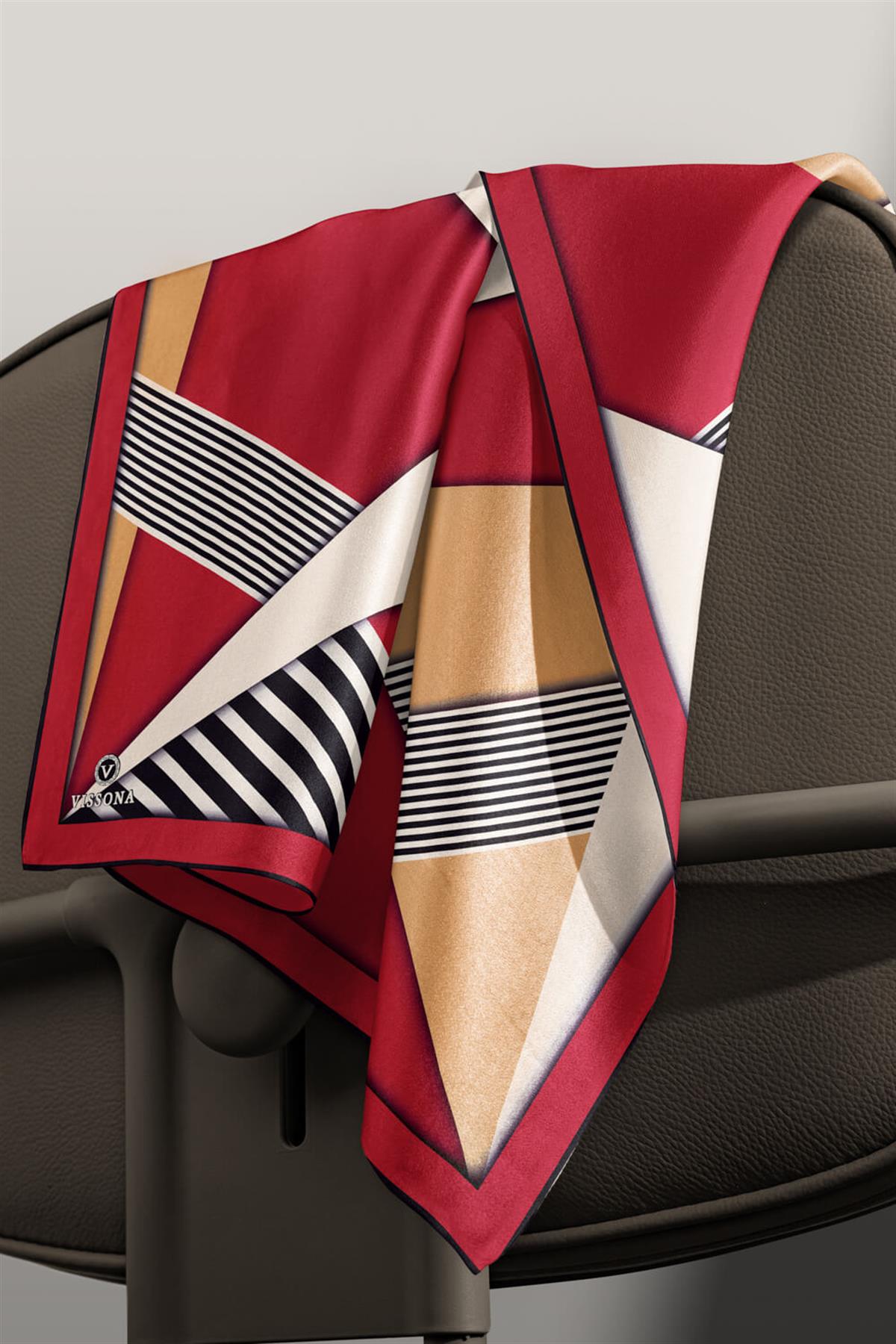%100 Twill İpek Çizgili ve Geometrik Desenli Bordo - Vizon Renkli 90x90 Eşarp Dikim Şekli : El Dikişi