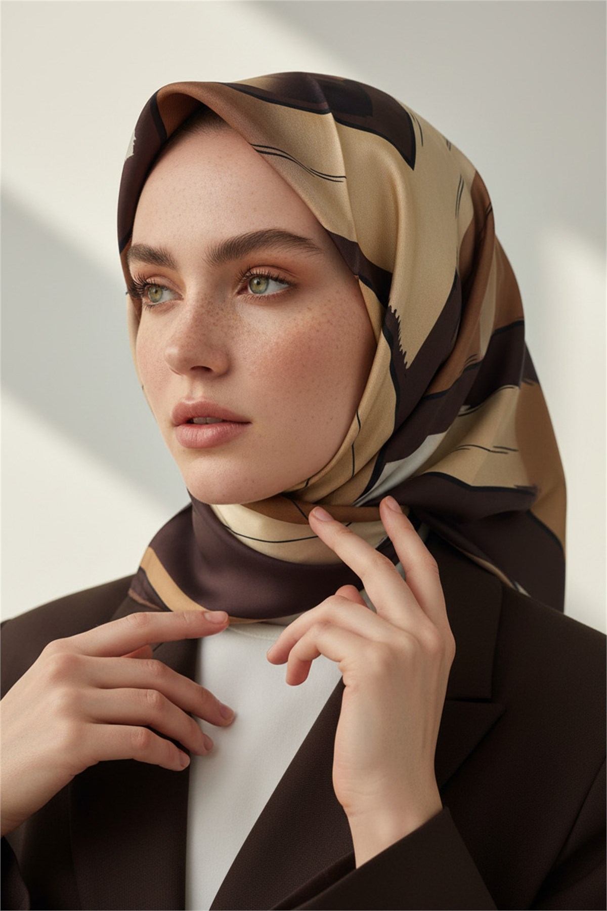 %100 Twill İpek Geometrik Fırça İzi Desenli Kahverengi - Bej Renkli 90x90 Eşarp Dikim Şekli : El Dikişi