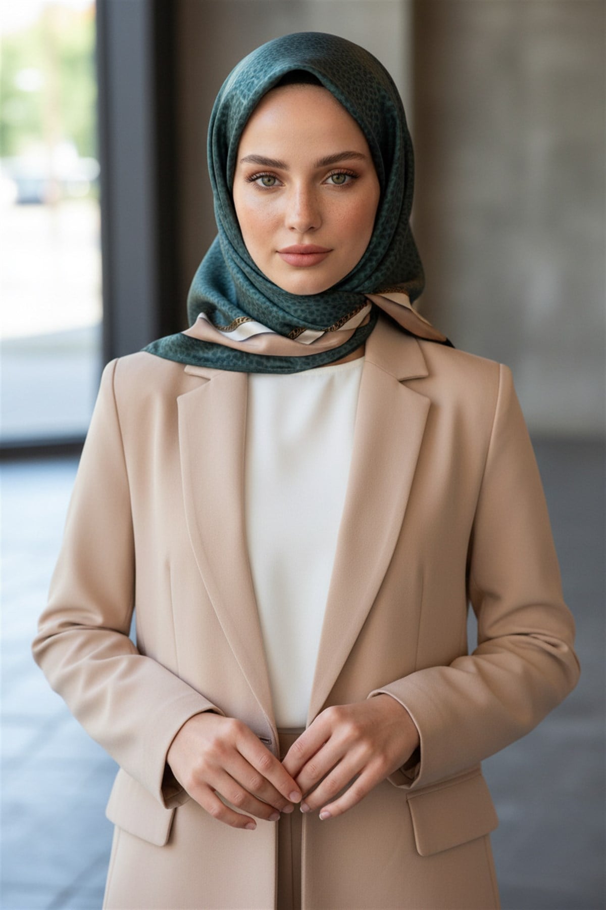 % 57 İPEK % 43 VİSKON Twill İpek Leopar Desenli Petrol Yeşili Renkli 90x90 Eşarp Dikim Şekli : El Dikişi