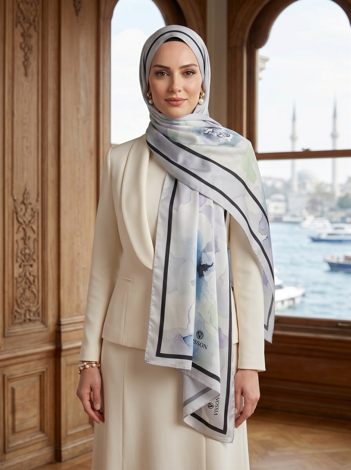 %100 Saf İpek Şal İnce Saten Vual Dokuma Suluboya Çiçek Desenli Gri - Lila Renkli 90x210 Şal