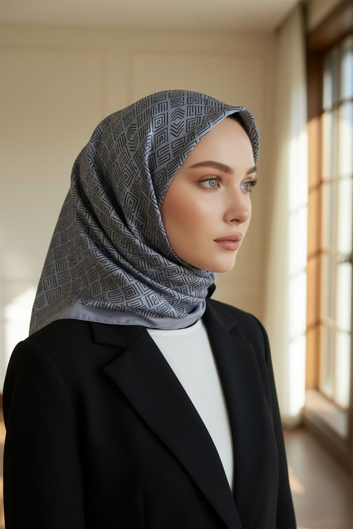 %57 İPEK %43 VİSKON Twill İpek Etnik Motif Desenli Gri - Siyah Renkli 90x90 Eşarp Dikim Şekli : El Dikişi