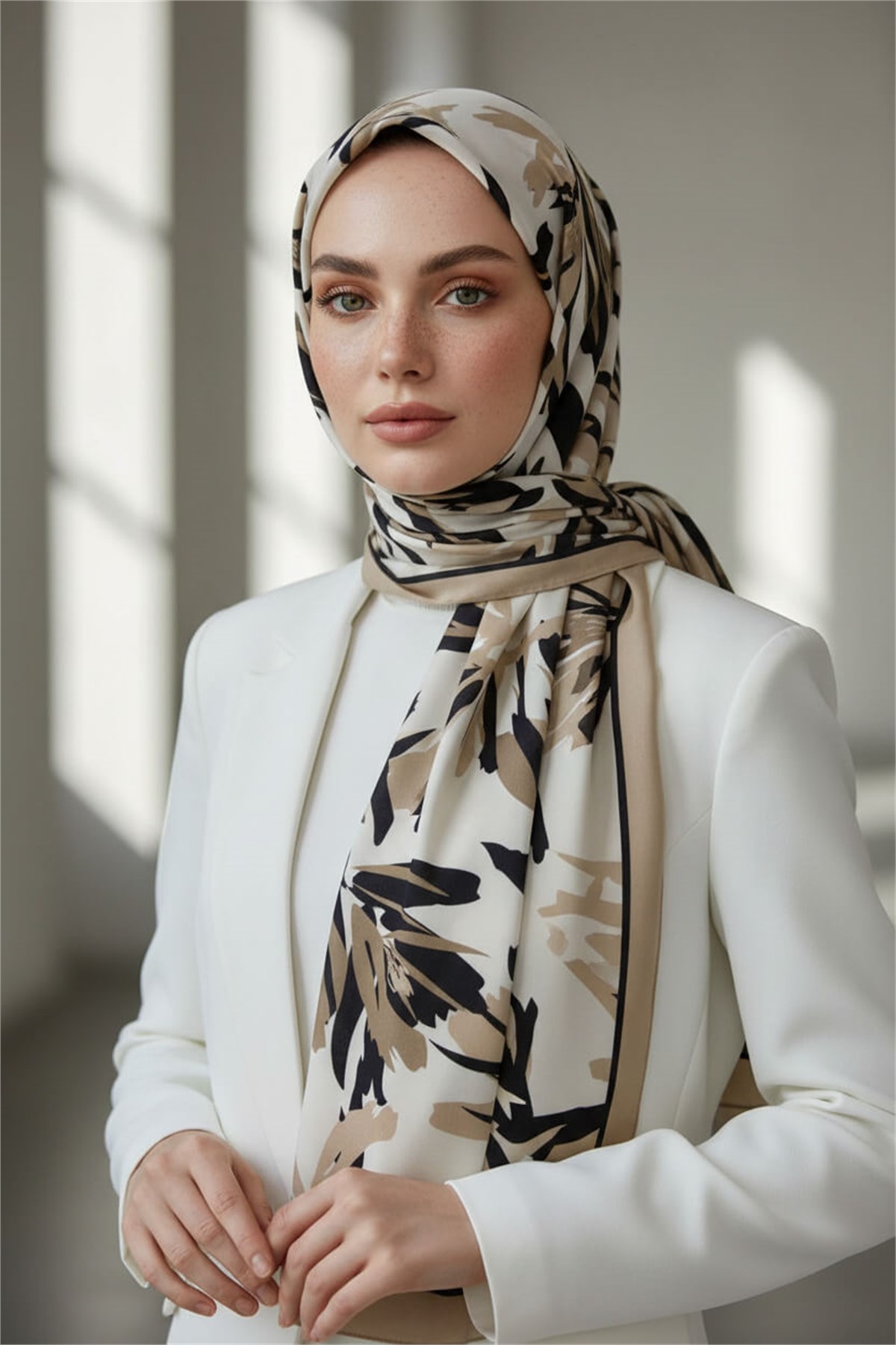 KREP YAPRAK DESENLİ BEJ RENKLİ 75X195 KIRIŞMAZ ŞAL