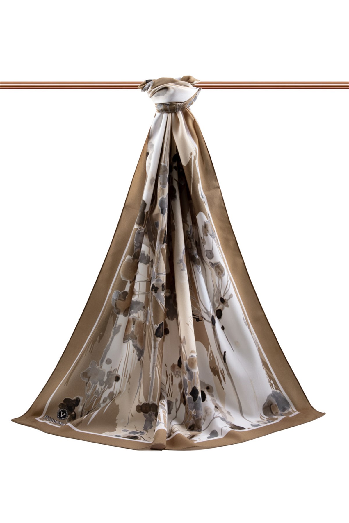 LÜKS MEDİNE İPEĞİ BAHAR DALI DESENLİ BEJ RENKLİ 75X195 KIRIŞMAZ ŞAL MOSS KREP DİKİŞ TİPİ  İTALYAN DİKİŞLİ