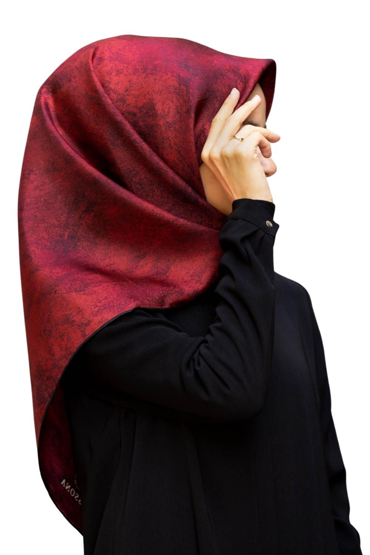 % 57 İPEK % 43 VİSKON Twill İpek Doku Desenli Bordo Renkli 90x90 Eşarp Dikim Şekli : El Dikişi