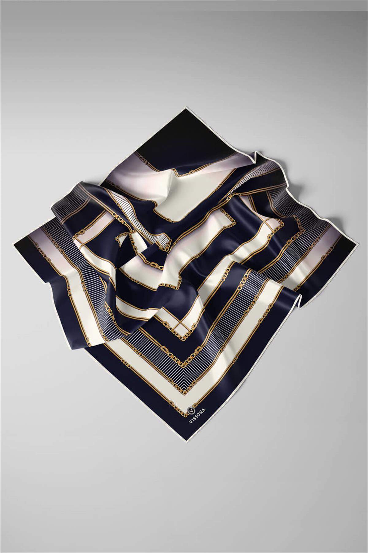 %100 Twill İpek Zincir Detaylı Geometrik Desenli Lacivert - Lacivert Renkli 90x90 Eşarp Dikim Şekli : El Dikişi