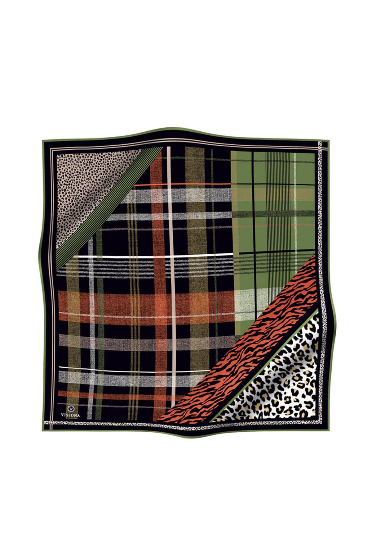 %100 Twill İpek Ekoseli Ve Leopar Desenli Siyah - Haki Renkli 90x90 Eşarp Dikim Şekli : El Dikişi