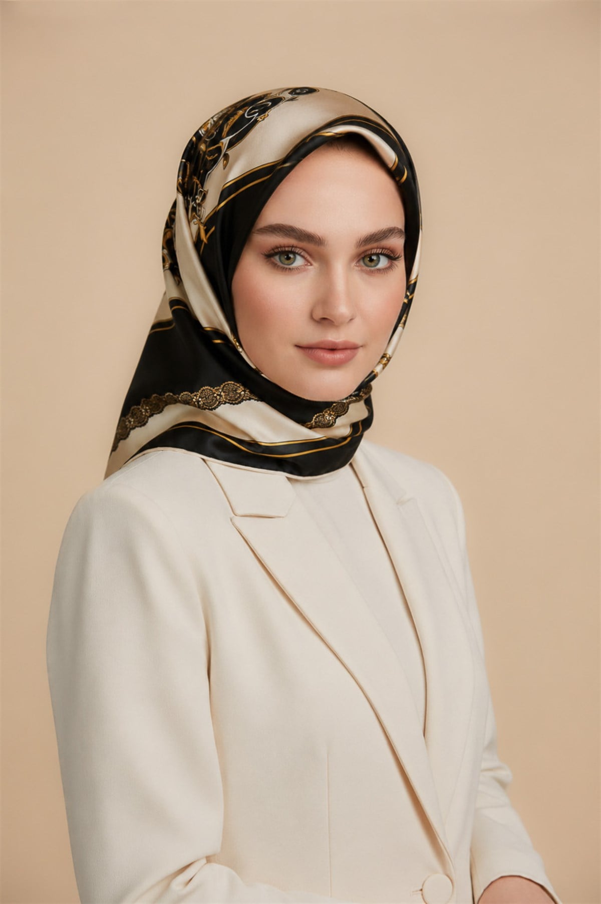 % 57 İPEK % 43 VİSKON Twill İpek Barok Desenli Siyah - Krem Renkli 90x90 Eşarp Dikim Şekli : El Dikişi
