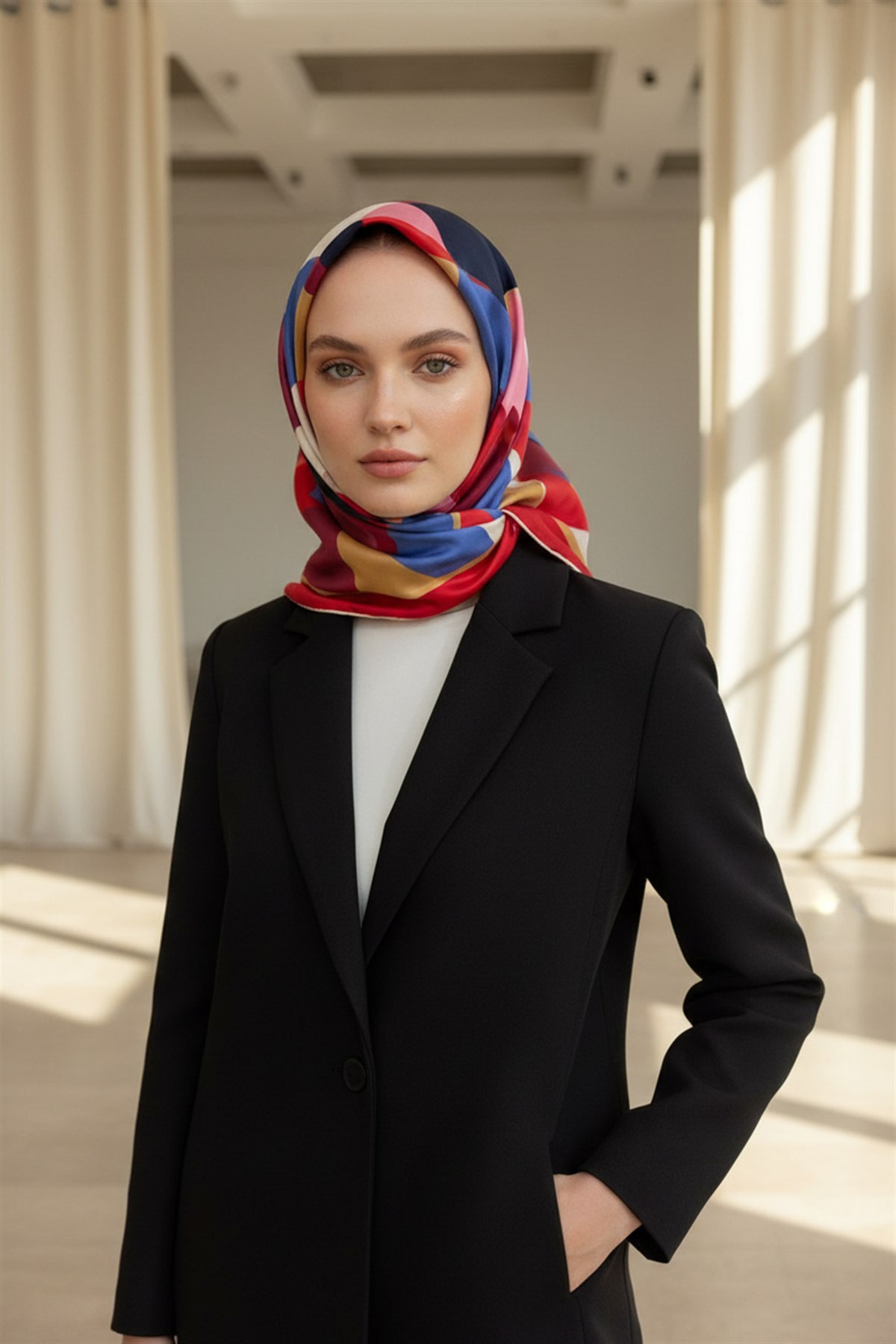 %100 Twill Renk Bloklu Çizgili Desenli Kırmızı - Lacivert Renkli 90x90 Eşarp Dikim Şekli: El Dikişii